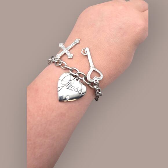 Guess Heart Key Cross Silver Charm Bracelet with Rhinestones - Picture 8 of 10
